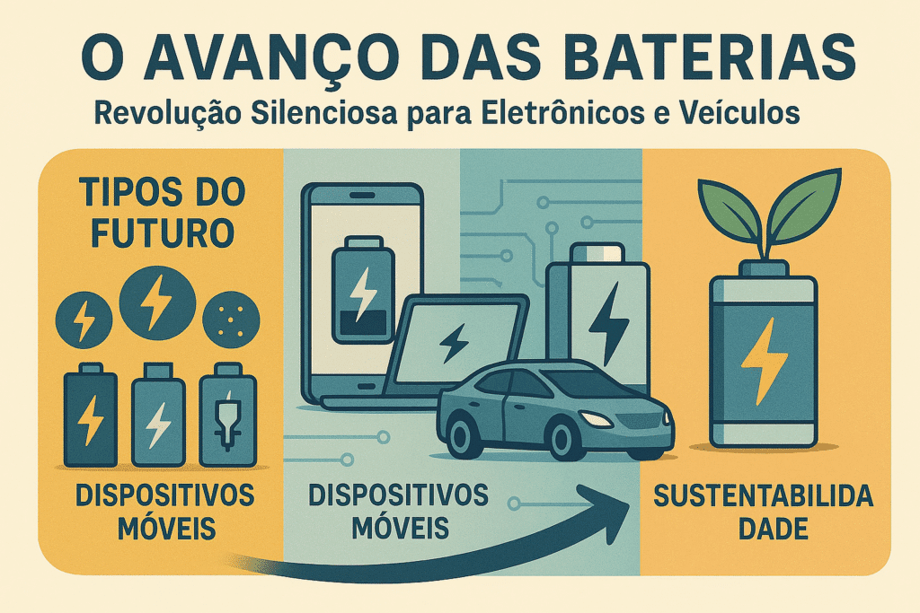 Uma ilustração informativa intitulada "O Avanço das Baterias: Revolução Silenciosa para Eletrônicos e Veículos" mostra o progresso das tecnologias de bateria. À esquerda, "Tipos do Futuro" exibe baterias para dispositivos móveis, incluindo formatos pequenos e baterias cilíndricas. No centro, a transição para "Dispositivos Móveis" e veículos, com uma bateria alimentando um smartphone, laptop e carro. À direita, o conceito de "Sustentabilidade" é ilustrado por uma bateria conectada a uma planta, simbolizando soluções energéticas ecológicas.
